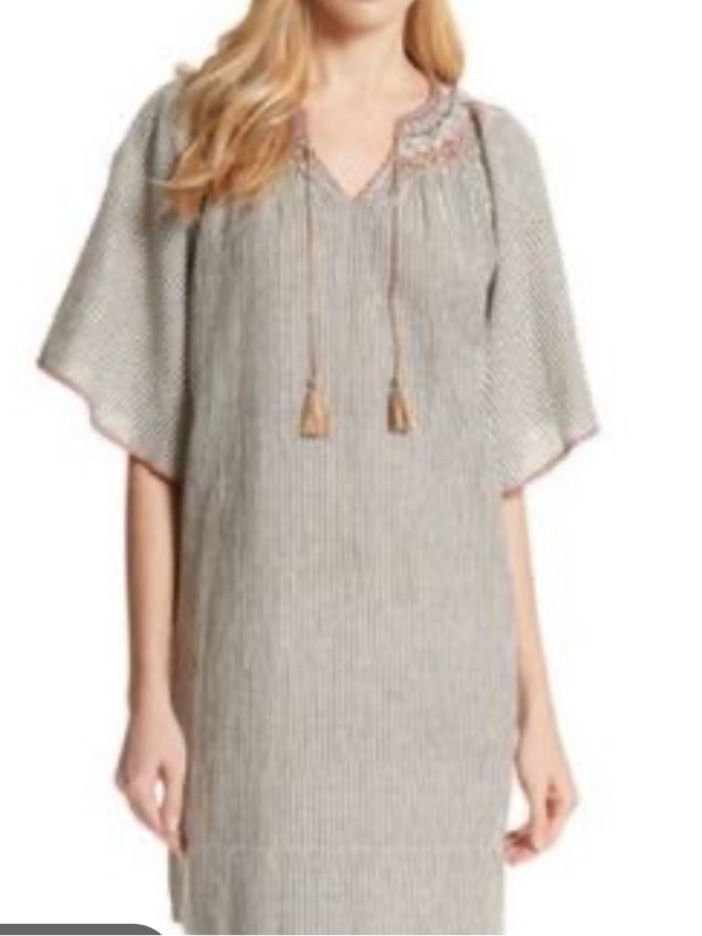 THE GREAT. Black and White Striped Mini Dress with Embroidered Neck